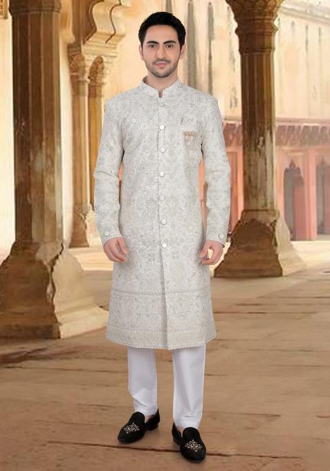 Cream Motif Georgette Sherwani For Men
