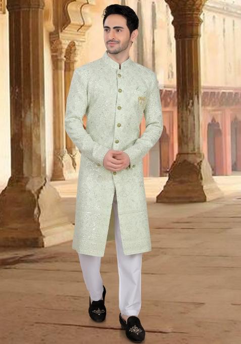 Green Motif Georgette Sherwani For Men