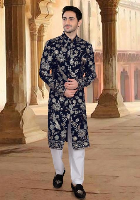 Blue Motif Velvet  Sherwani For Men