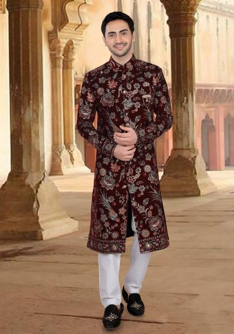 Maroon Motif Velvet  Sherwani For Men