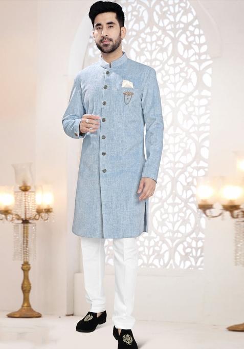 Blue Motif Swad Velvet  Indowestern For Man