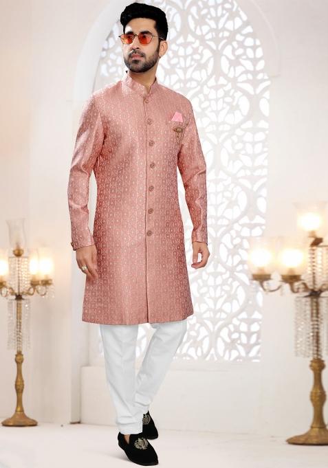 Pink Motif Woven Jacquard Indowestern For Man