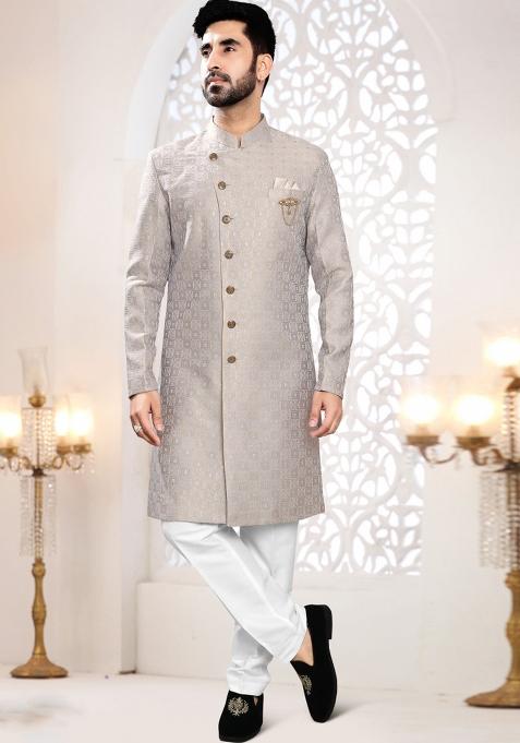 Blue Motif Woven Jacquard Indowestern For Man