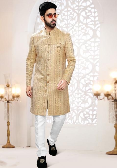 Yellow Motif Woven Jacquard Indowestern For Man