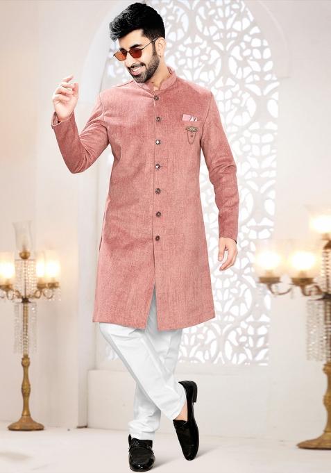 Pink Motif Swad Velvet  Indowestern For Man