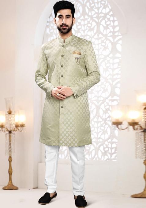 Green Motif Woven Jacquard Indowestern For Man