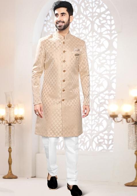 Cream Motif Woven Jacquard Indowestern For Man