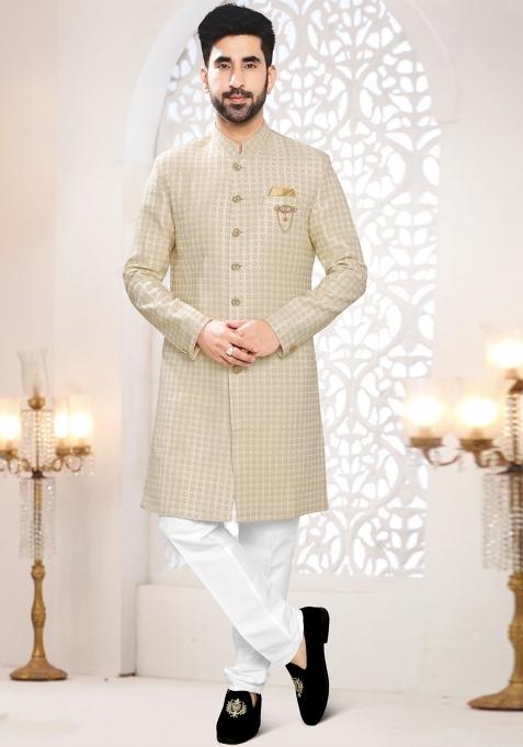 Cream Motif Woven Jacquard Indowestern For Man