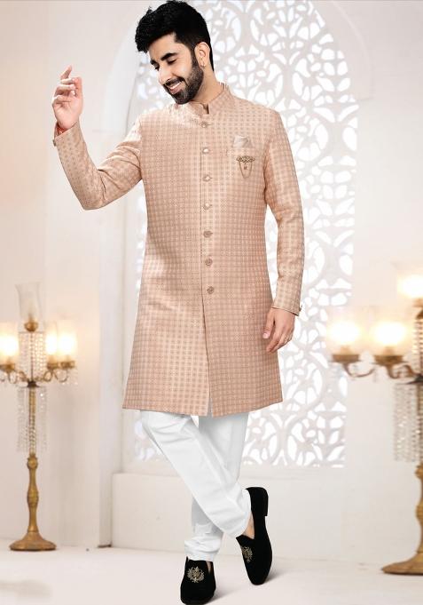 Pink Motif Woven Jacquard Indowestern For Man