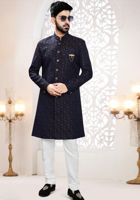 Blue Motif Woven Jacquard Indowestern For Man