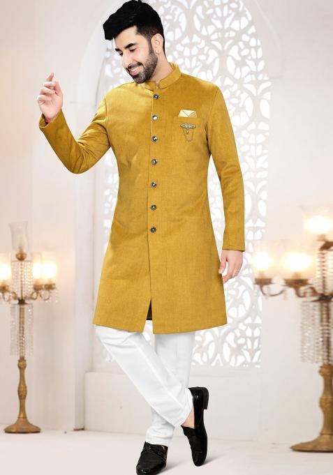 Yellow Motif Swad Velvet  Indowestern For Man