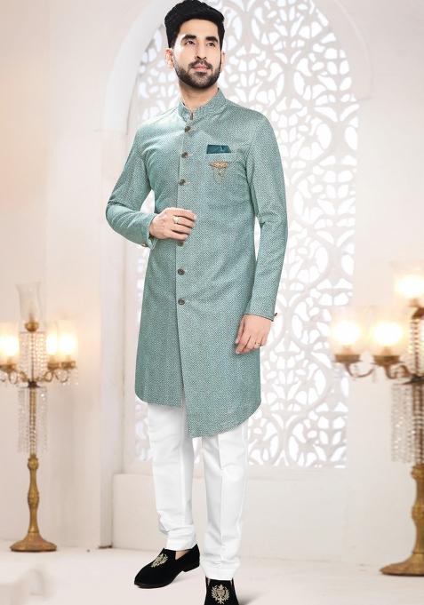 Blue Motif Swad Velvet  Indowestern For Man