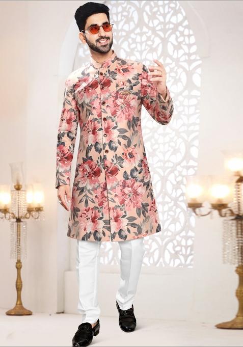 Peach Motif Swad Velvet  Indowestern For Man