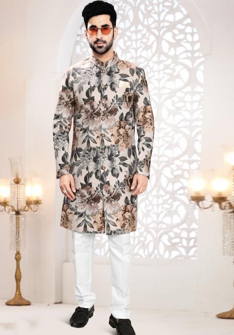 Fawn Motif Swad Velvet  Indowestern For Man
