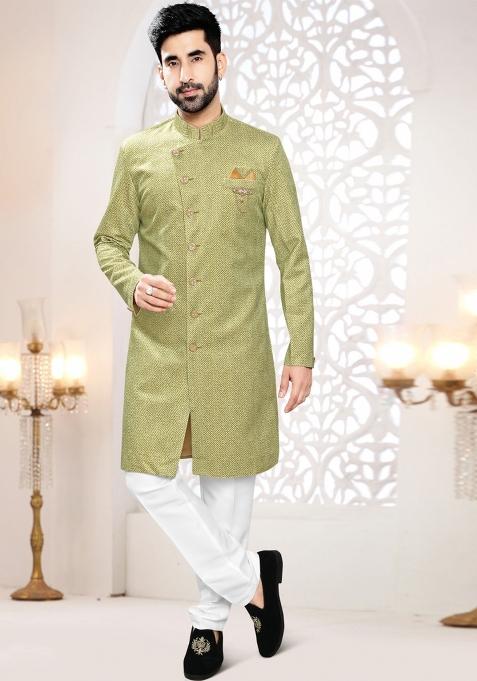 Green Motif Woven Suede Indowestern For Man