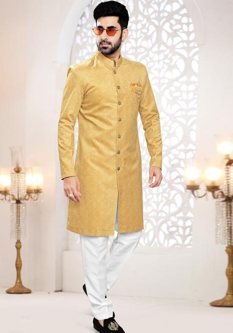 Yellow Motif Woven Suede Indowestern For Man