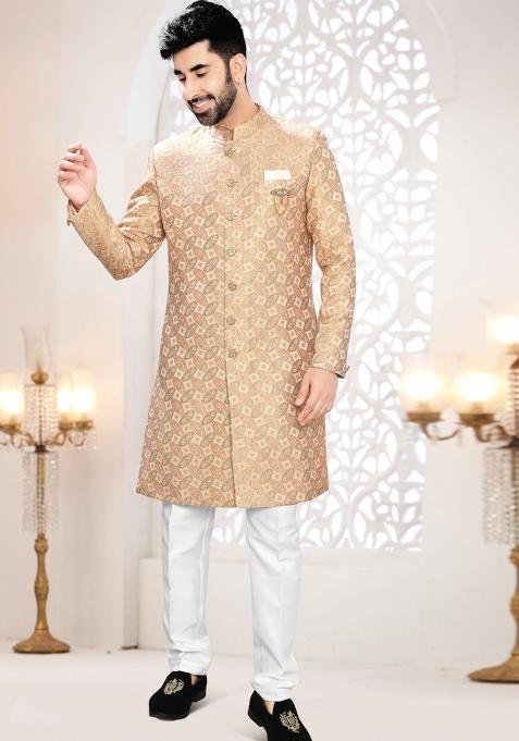 Peach Motif Woven Jacquard Indowestern For Man