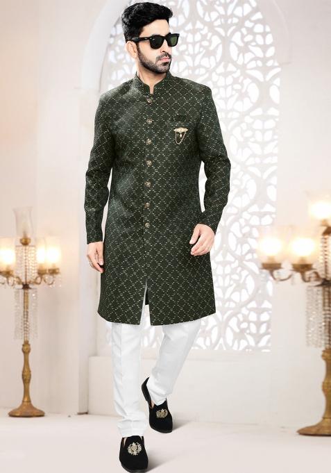 Green Motif Woven Jacquard Indowestern For Man
