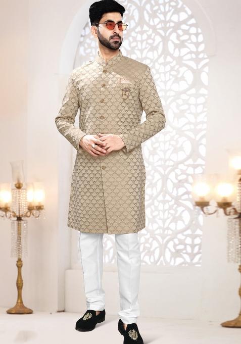 Gold Motif Woven Jacquard Indowestern For Man