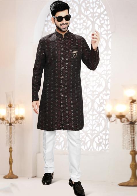 Maroon Motif Woven Jacquard Indowestern For Man