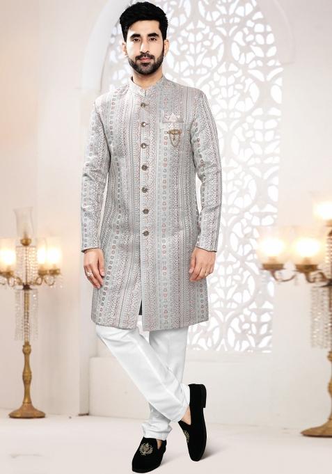 Greyish Blue Motif Woven Jacquard Indowestern For Man