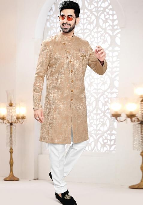 Pink Motif Woven Jacquard Indowestern For Man