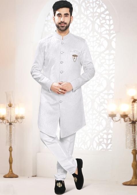 White Motif Woven Jacquard Indowestern For Man
