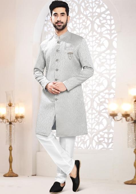 Grey Motif Woven Jacquard Indowestern For Man