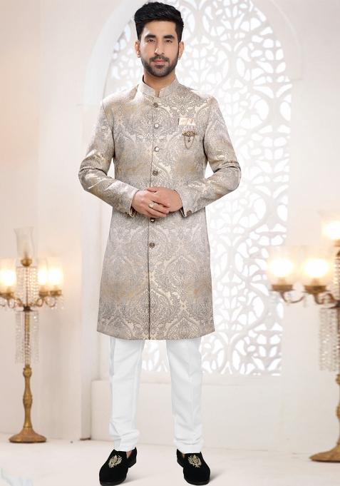 Gold Motif Woven Jacquard Indowestern For Man