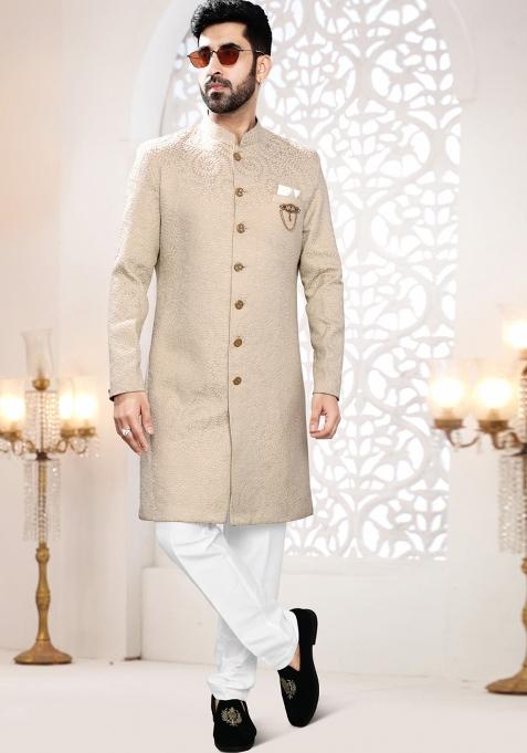 Golden Motif Woven Jacquard Indowestern For Man