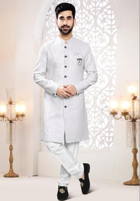 White Motif Woven Jacquard Indowestern For Man