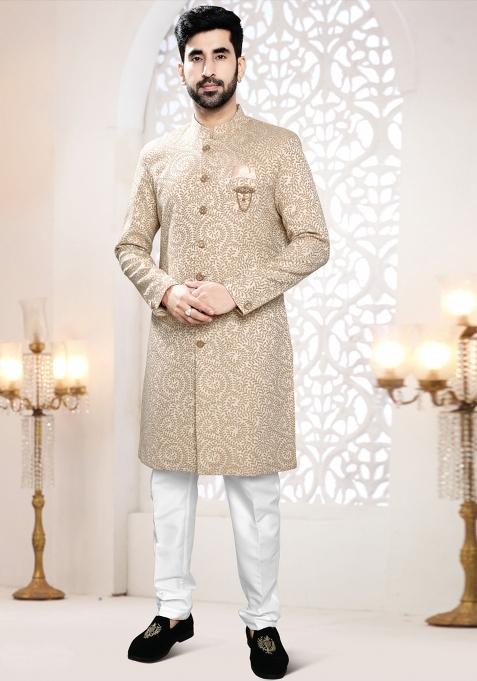 Gold Motif Woven Jacquard Indowestern For Man