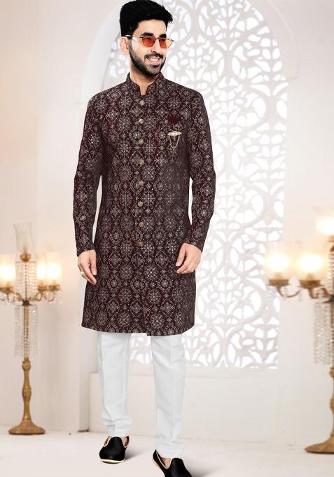 Maroon Motif Velvet Indowestern For Man