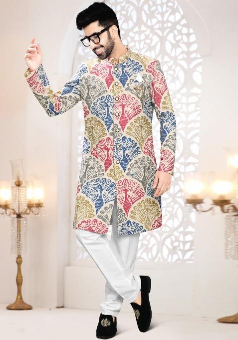 Cream Motif Linen Indowestern For Man