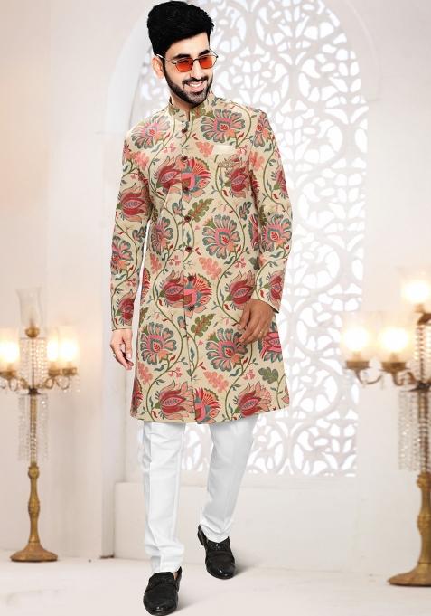 Beige Motif Linen Indowestern For Man