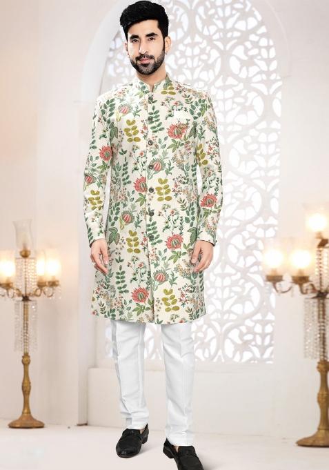 Cream Motif Linen Indowestern For Man