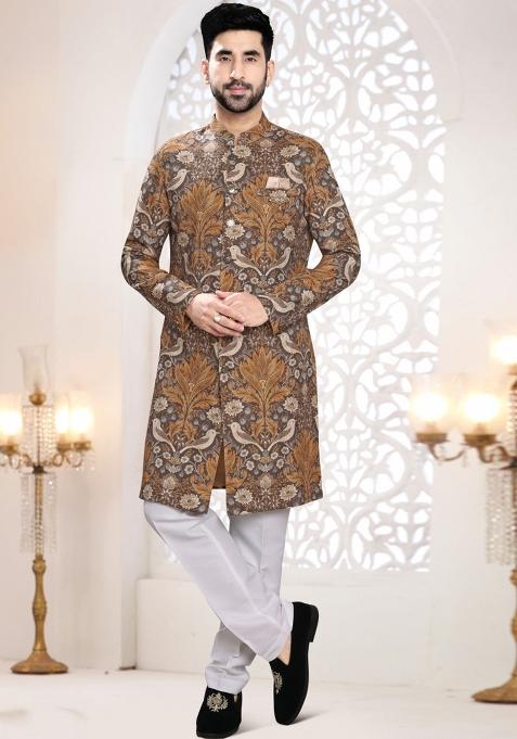 Brown Motif Linen Indowestern For Man