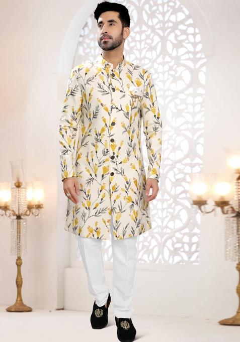 Cream Motif Linen Indowestern For Man