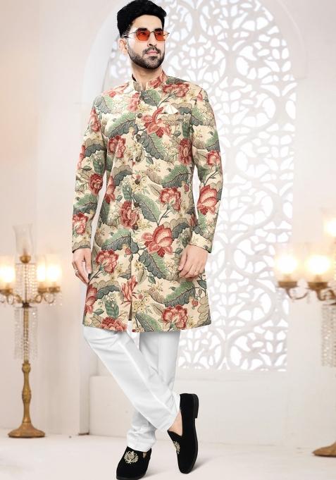 Beige Motif Linen Indowestern For Man