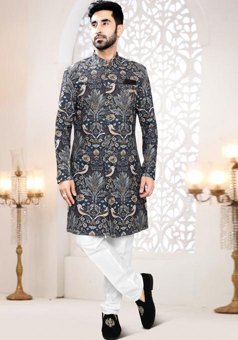 Blue Motif Linen Indowestern For Man