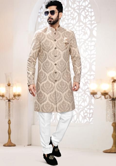 Beige Motif Woven Jacquard Indowestern For Man