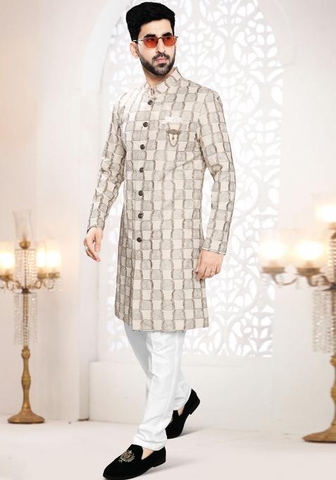 Beige Motif Linen Indowestern For Man