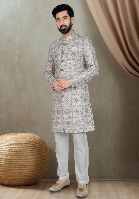 Cream Motif Silk Indowestern For Man