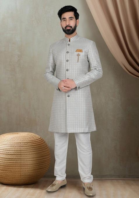 Blue Motif Jacquard  Indowestern For Man