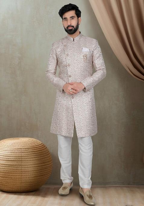 Pink Motif Jacquard  Indowestern For Man