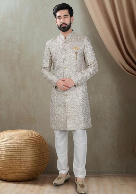 Green  Motif Jacquard  Indowestern For Man