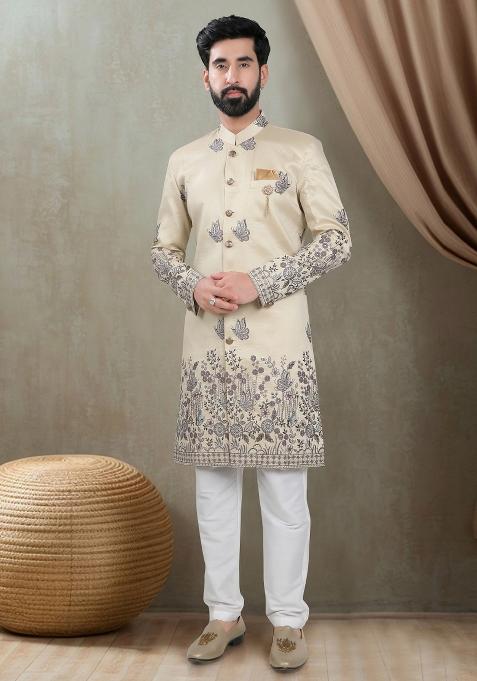Beige Motif Silk  Indowestern For Man