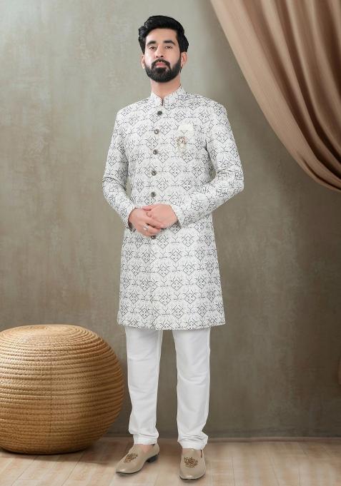 Off White Motif Silk Indowestern For Man