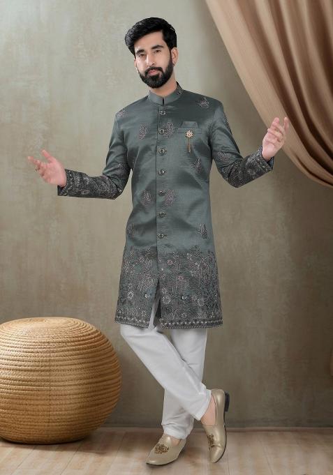 Metalic Green  Motif Silk Indowestern For Man
