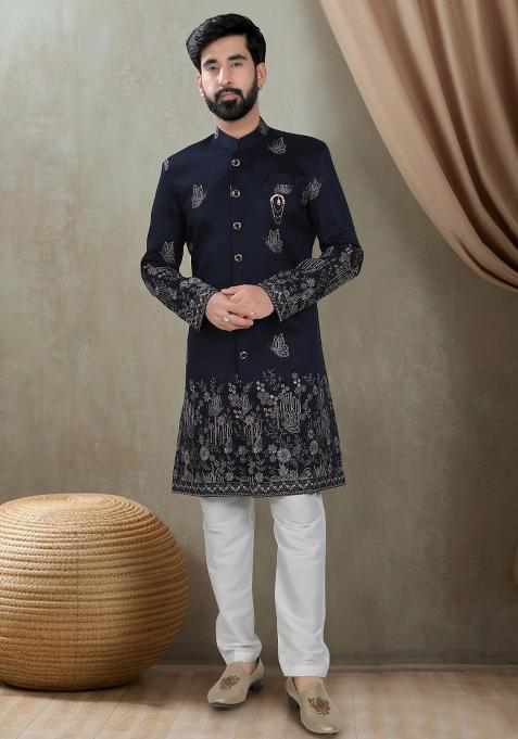 Blue Motif Silk Indowestern For Man